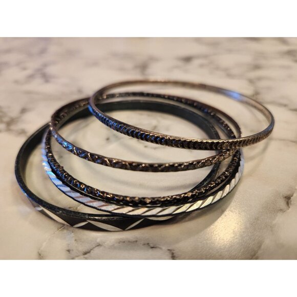 Silver & Black Textured Metal Bangle Bracelets Set Of 5 - Picture 3 of 5